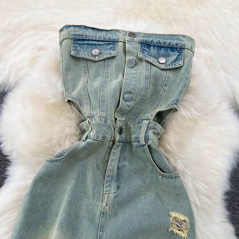 Denim Jumpsuits Women Hole One Piece Wide Leg Pants Sleeveless Strapless Distressed Mom Pockets Jeans Streetwear Summer 2025