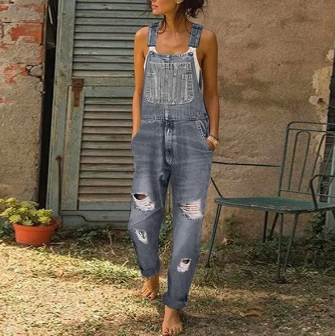 Women Jeans Overalls Holes Washing Denim Mid Waist Ankle Length Straight Pants One Piece Pockets High Street Casual Sports