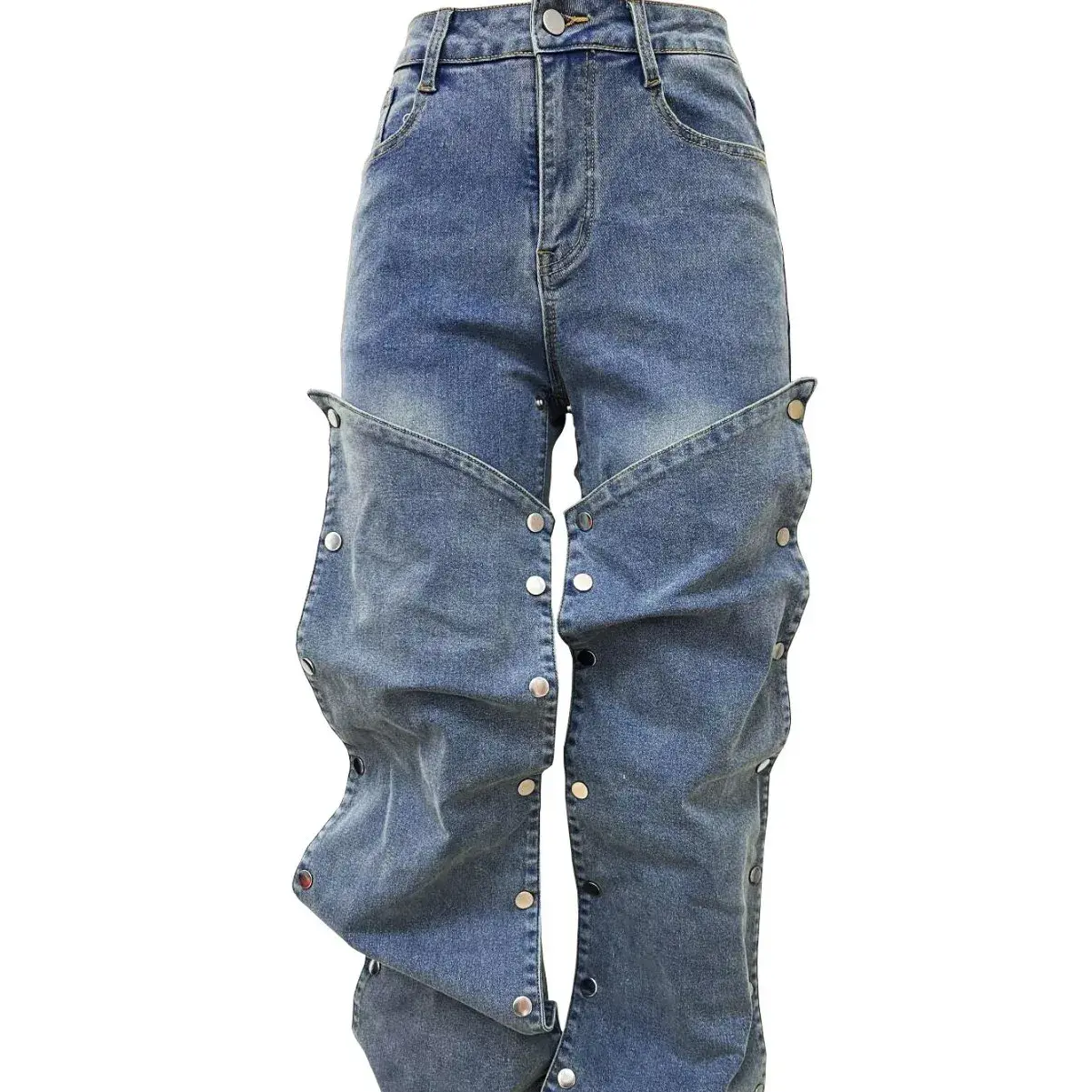 Jeans Denim Pants Women Straight Button Pockets High Waist Mom Floor Length Washed Distressed Strech Trousers 2025 Streetwear
