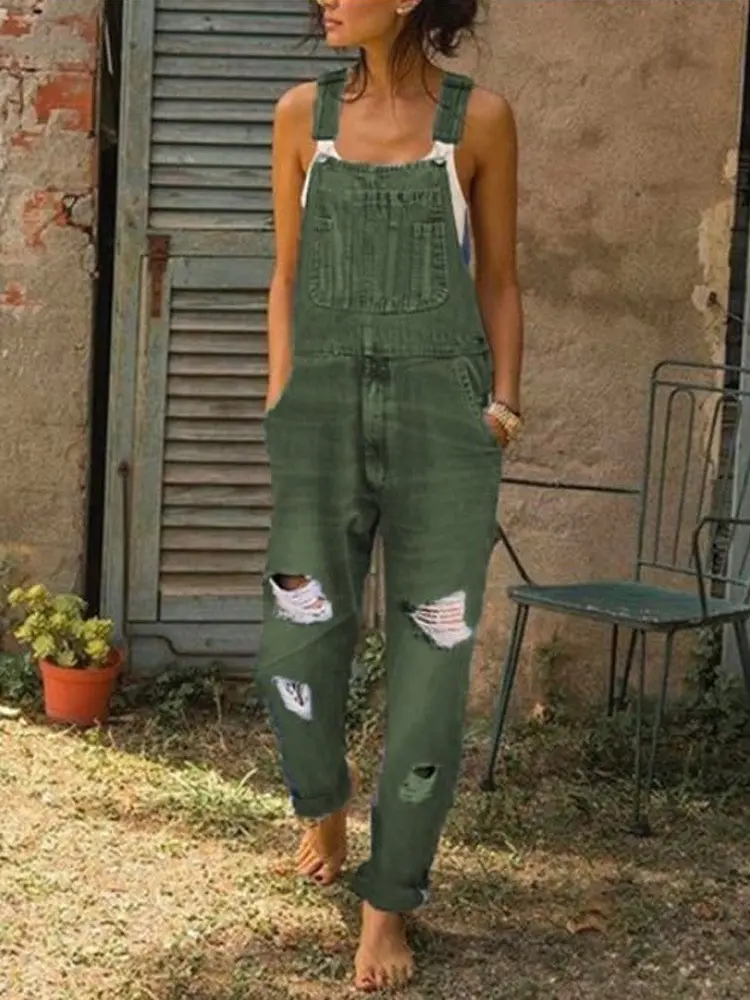 Women Jeans Overalls Holes Washing Denim Mid Waist Ankle Length Straight Pants One Piece Pockets High Street Casual Sports