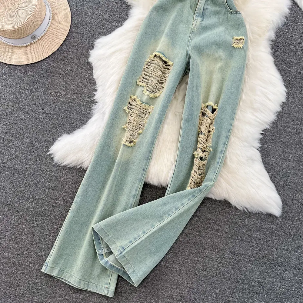 Denim Jumpsuits Women Hole One Piece Wide Leg Pants Sleeveless Strapless Distressed Mom Pockets Jeans Streetwear Summer 2025