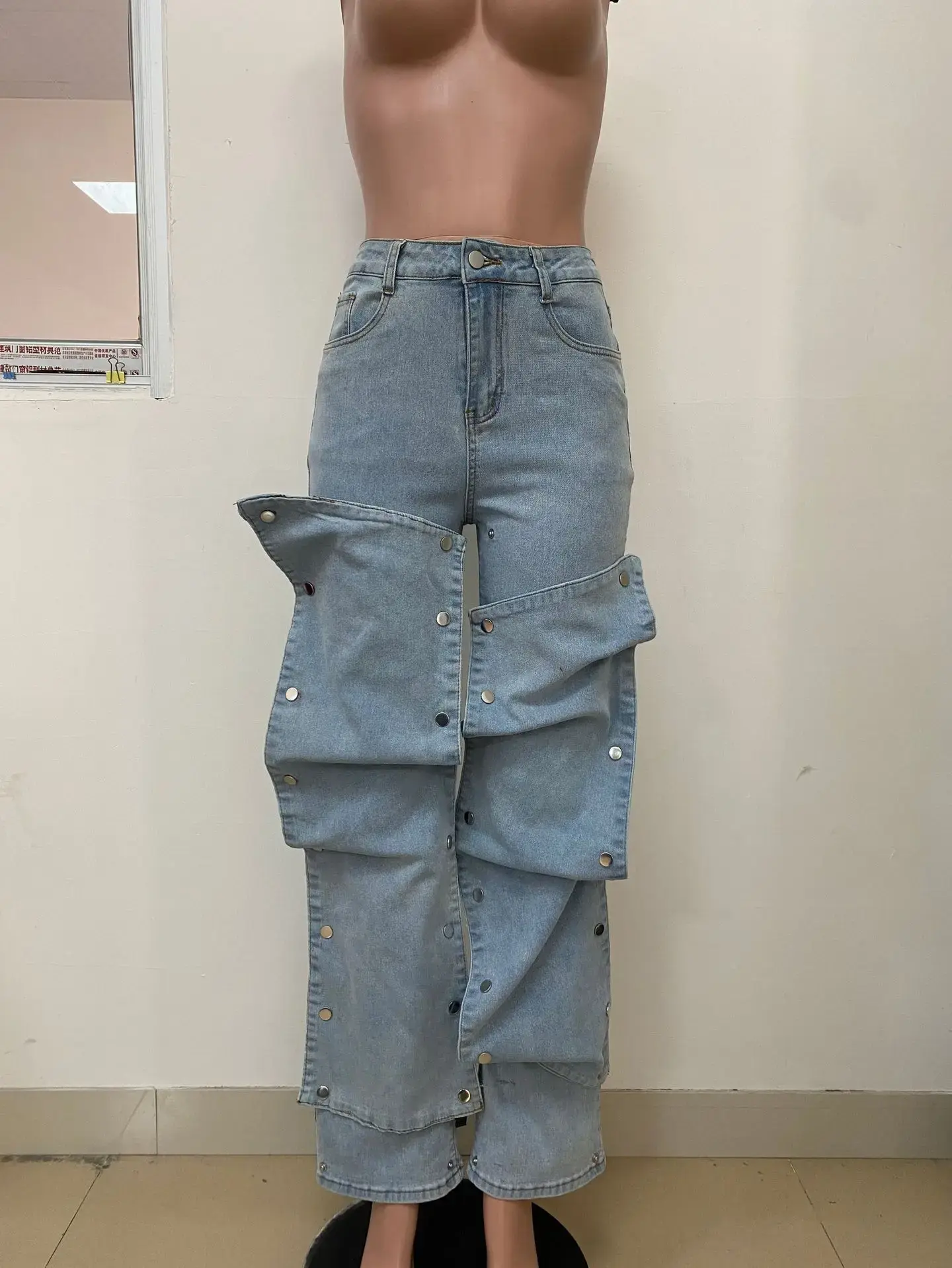 Jeans Denim Pants Women Straight Button Pockets High Waist Mom Floor Length Washed Distressed Strech Trousers 2025 Streetwear