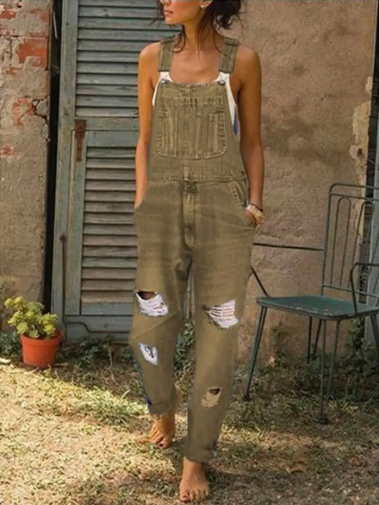 Women Jeans Overalls Holes Washing Denim Mid Waist Ankle Length Straight Pants One Piece Pockets High Street Casual Sports