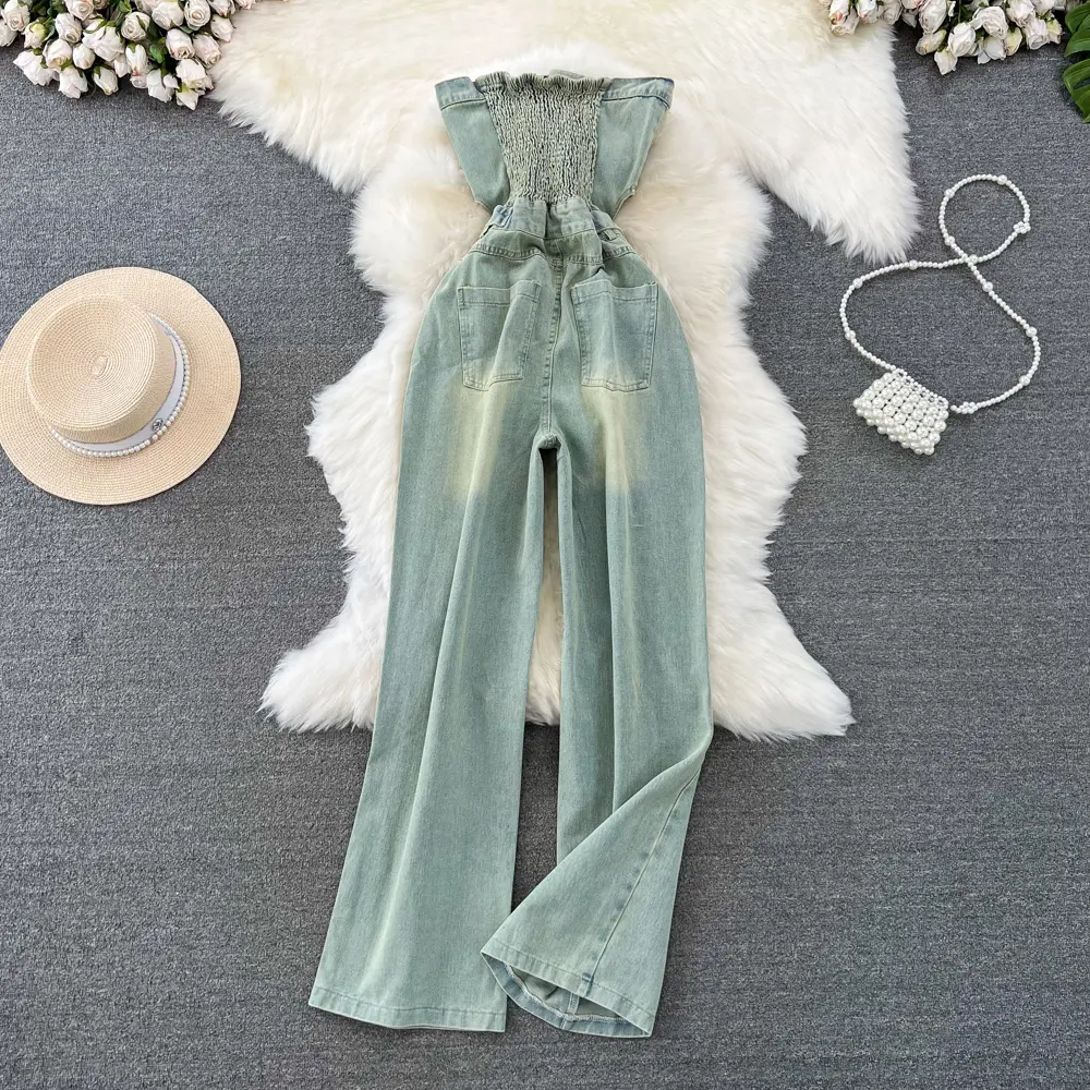 Denim Jumpsuits Women Hole One Piece Wide Leg Pants Sleeveless Strapless Distressed Mom Pockets Jeans Streetwear Summer 2025