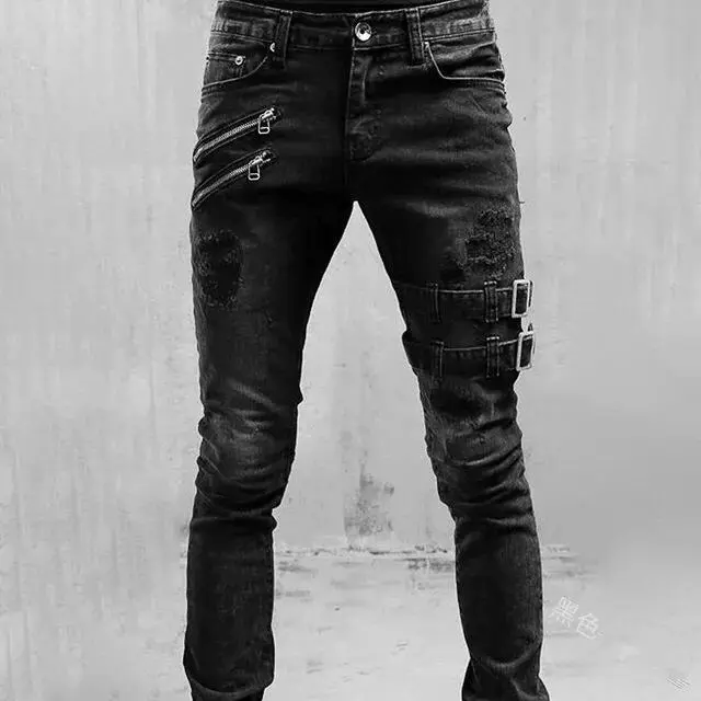 Men Jeans Denim Pencil Pants Mid Waist Moto Biker Washing Pockets Slim Slight Strech Sheath Ankle Length Zipper Fly 2024