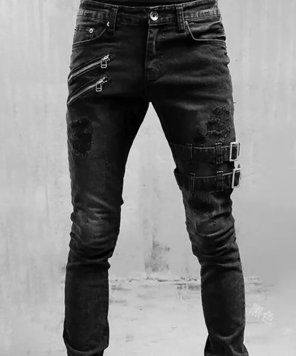 Men Jeans Denim Pencil Pants Mid Waist Moto Biker Washing Pockets Slim Slight Strech Sheath Ankle Length Zipper Fly 2024
