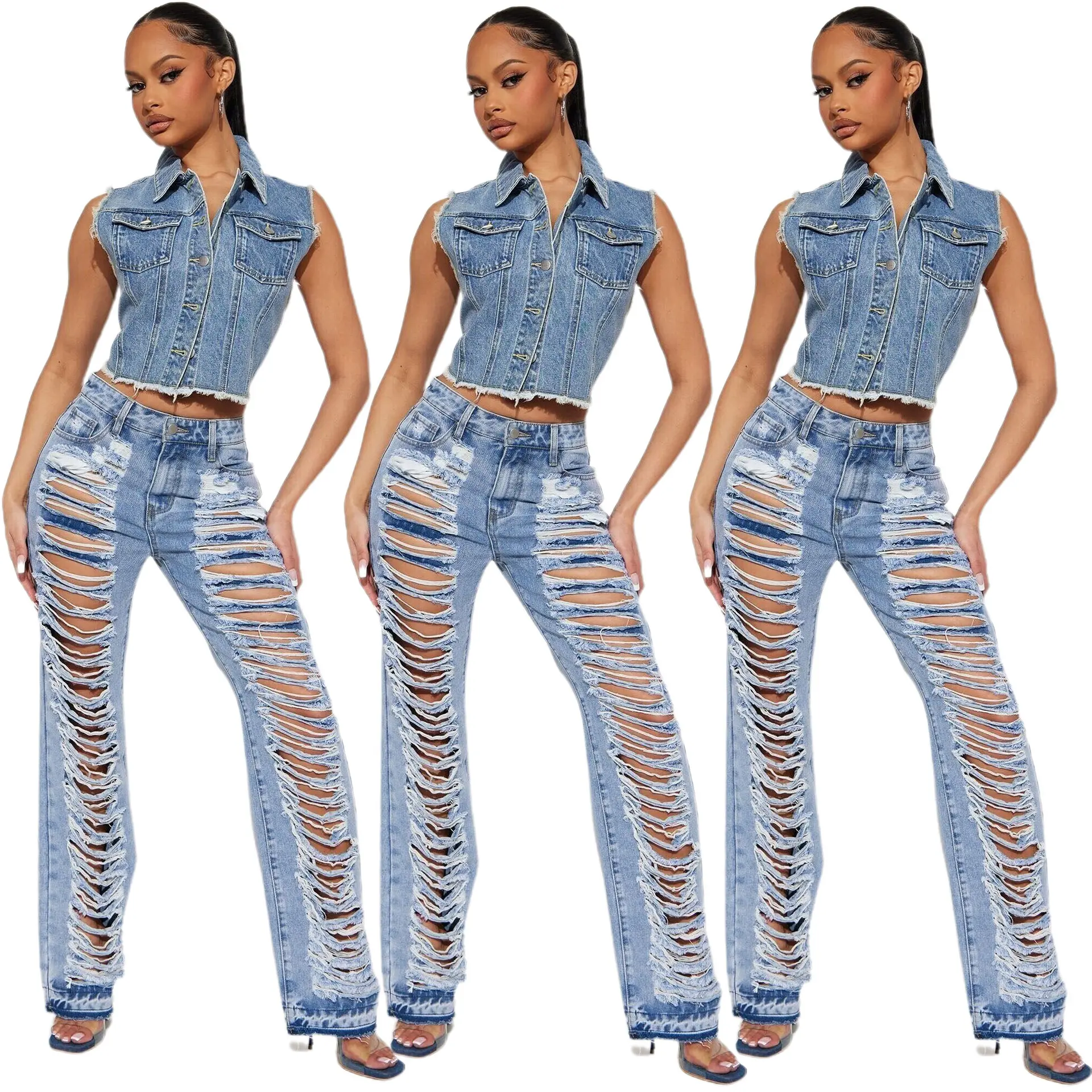 Jeans Women Denim Pant Long Flare Pants Hole Mom Jeans Slim Fit High Waist Y2k Streetwear Splice Straight Trousers Party Club