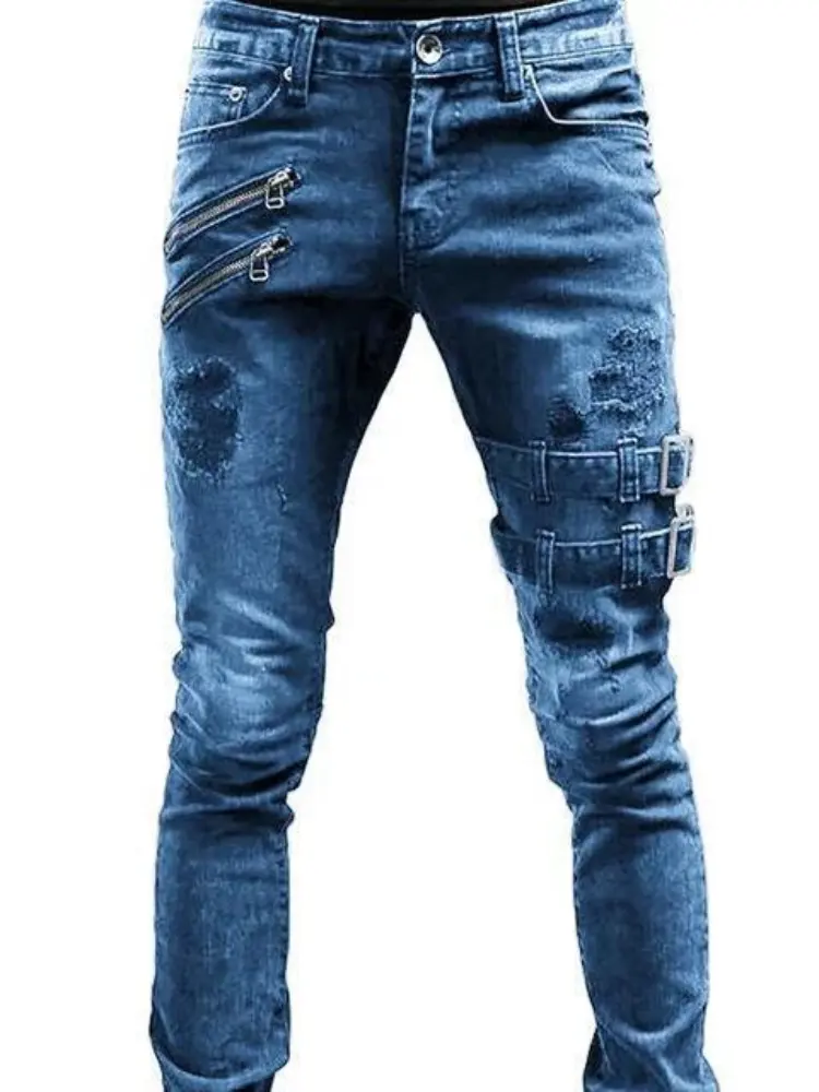 Men Jeans Denim Pencil Pants Mid Waist Moto Biker Washing Pockets Slim Slight Strech Sheath Ankle Length Zipper Fly 2024