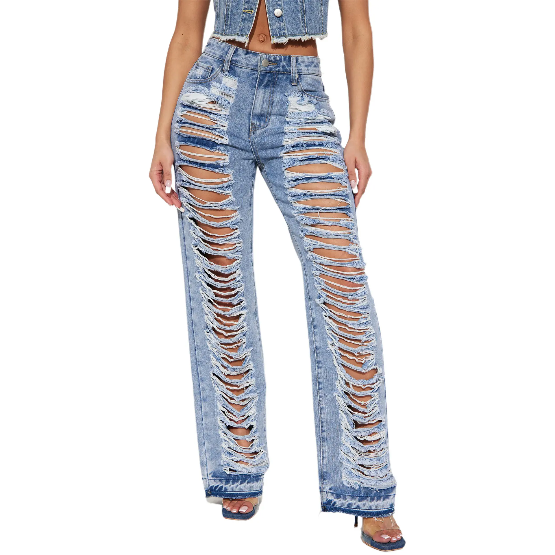 Jeans Women Denim Pant Long Flare Pants Hole Mom Jeans Slim Fit High Waist Y2k Streetwear Splice Straight Trousers Party Club