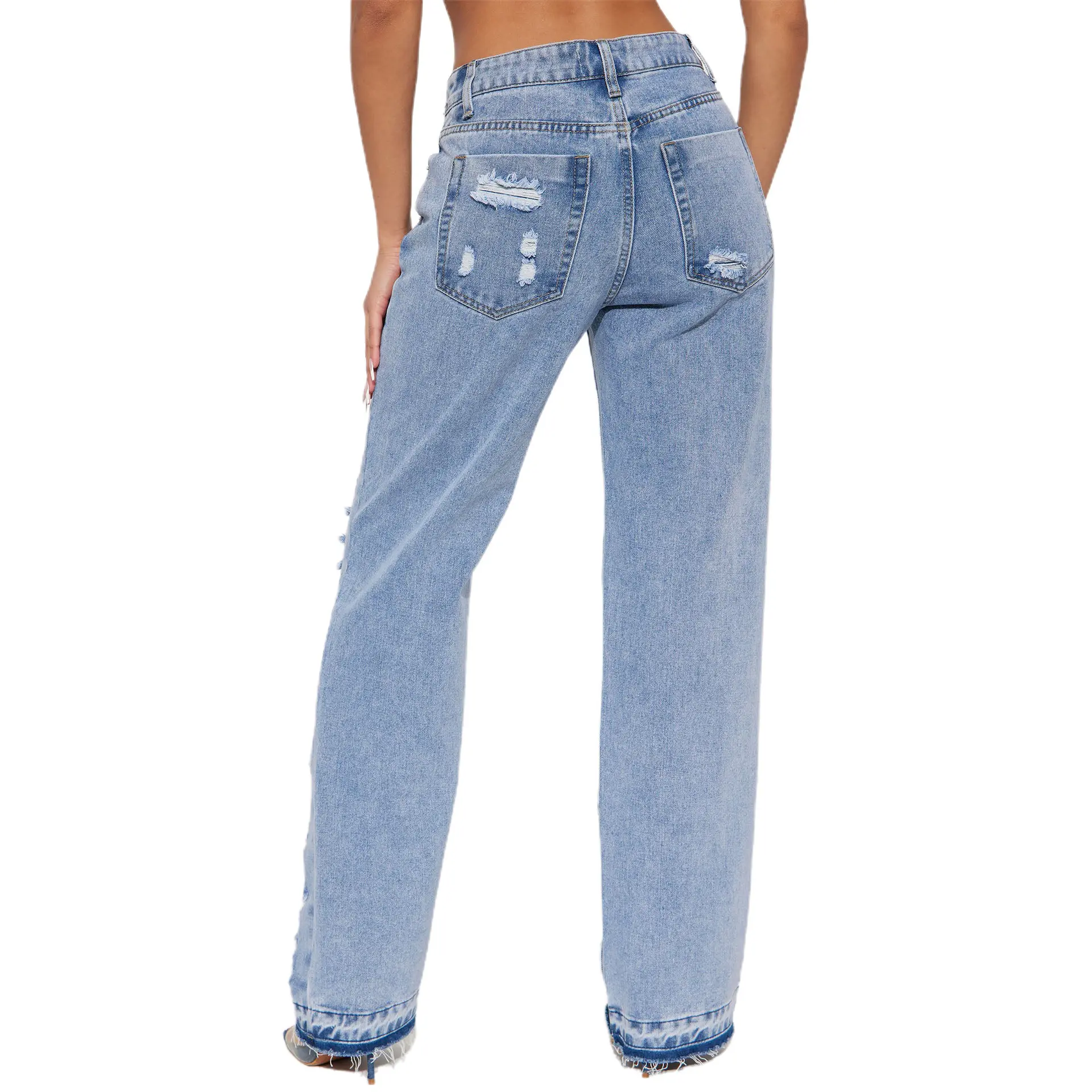 Jeans Women Denim Pant Long Flare Pants Hole Mom Jeans Slim Fit High Waist Y2k Streetwear Splice Straight Trousers Party Club