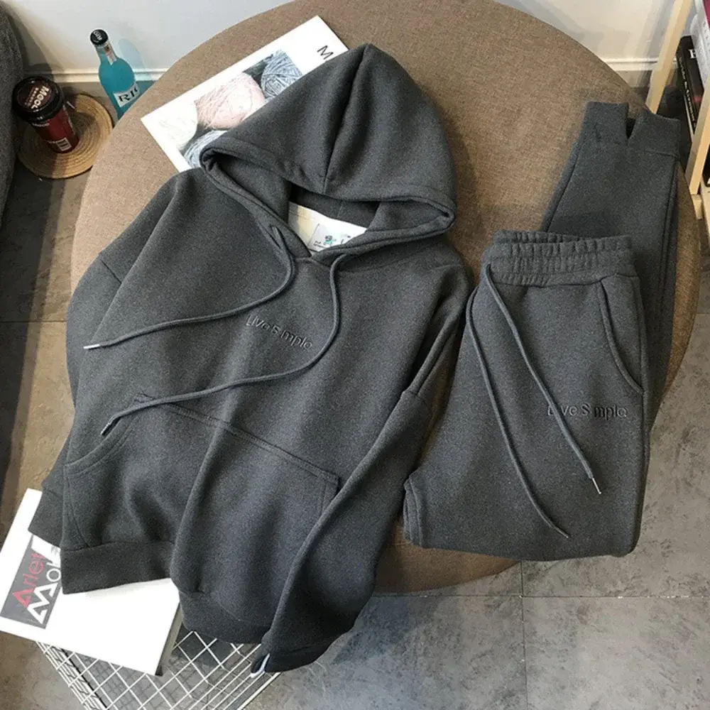 Winter Sweatshirts Women Hooded Tracksuit Two Pieces Set Hoodies Pockets Pants Suit Drawstring Trousers Sports Outfits Autumn