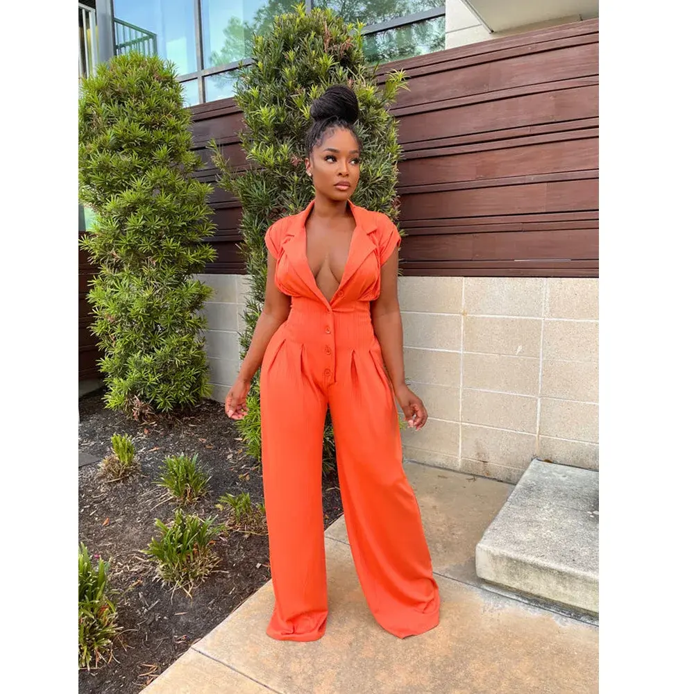 Jumpsuits Women Single Breasted Rompers Overalls High Waist Wide Leg Pants Button One Piece Stand Collar Pockets Y2k Streetwear