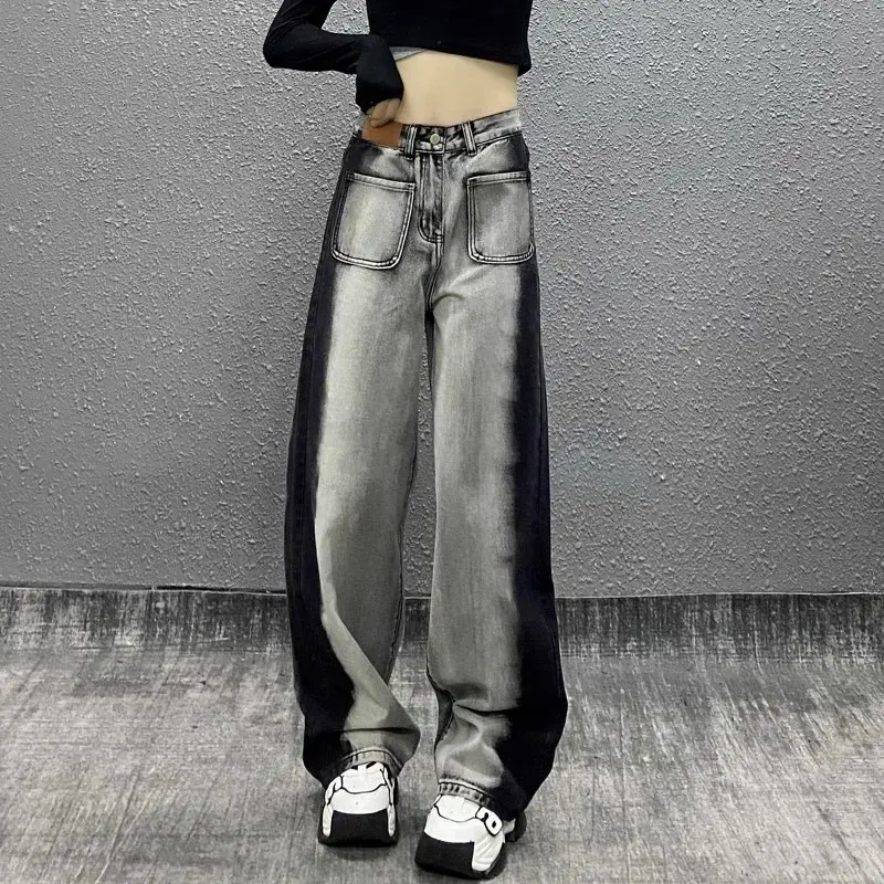 Women Jeans Loose High Waist Vintage Wide Leg Pants Pockets Denims Full Length Streetwear Female Denim Straight Trousers