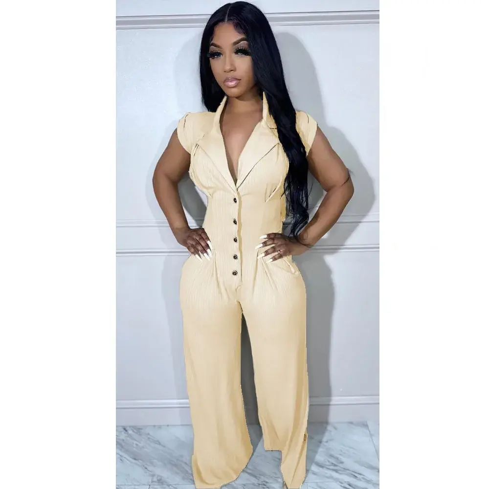 Jumpsuits Women Single Breasted Rompers Overalls High Waist Wide Leg Pants Button One Piece Stand Collar Pockets Y2k Streetwear