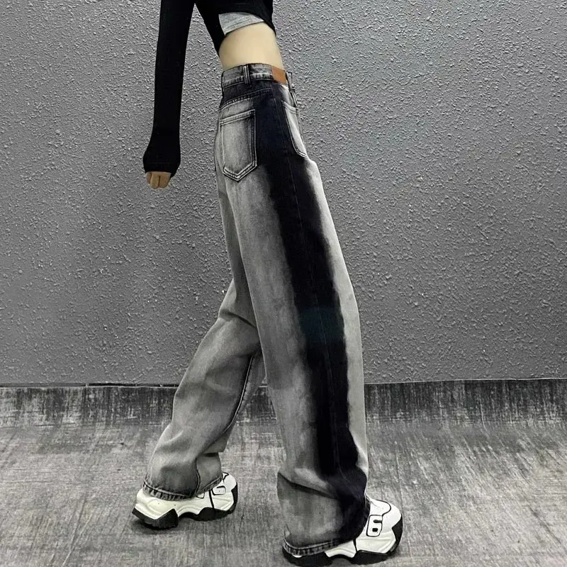Women Jeans Loose High Waist Vintage Wide Leg Pants Pockets Denims Full Length Streetwear Female Denim Straight Trousers