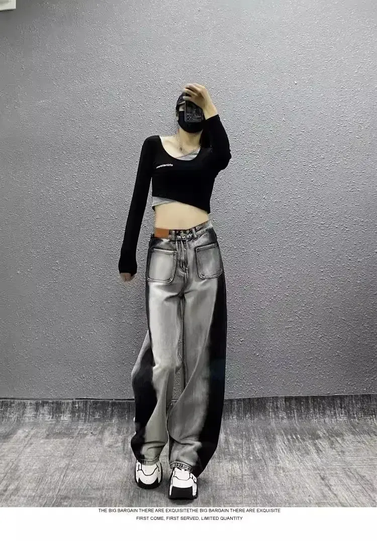 Women Jeans Loose High Waist Vintage Wide Leg Pants Pockets Denims Full Length Streetwear Female Denim Straight Trousers