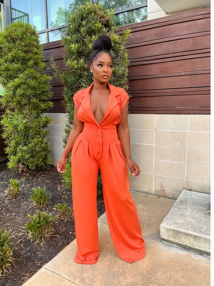 Jumpsuits Women Single Breasted Rompers Overalls High Waist Wide Leg Pants Button One Piece Stand Collar Pockets Y2k Streetwear
