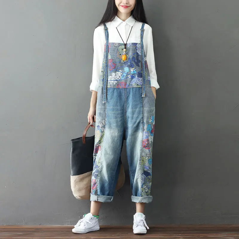 Overalls Women Suspenders Sling Jumpsuits Denim One Piece Wide Leg Long Pants High Waist Rompers Y2k Streetwear Print Floral