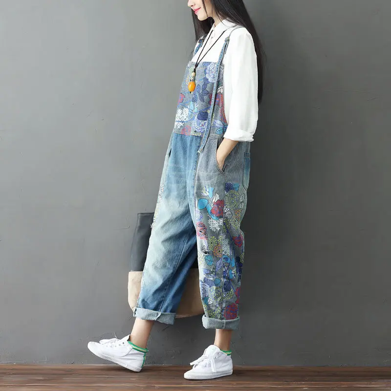 Overalls Women Suspenders Sling Jumpsuits Denim One Piece Wide Leg Long Pants High Waist Rompers Y2k Streetwear Print Floral