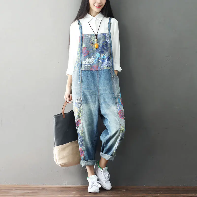 Overalls Women Suspenders Sling Jumpsuits Denim One Piece Wide Leg Long Pants High Waist Rompers Y2k Streetwear Print Floral