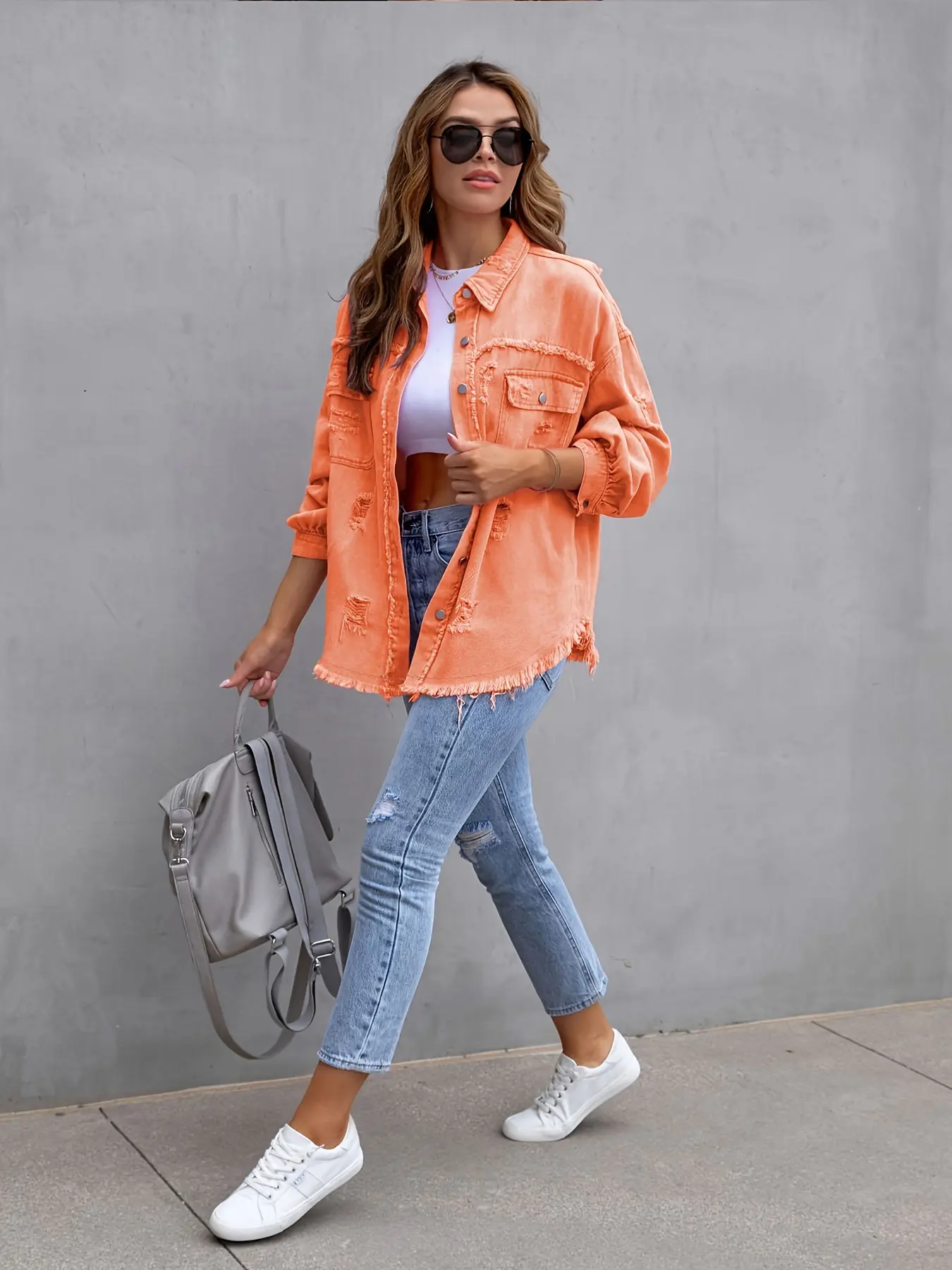 Women Denim Coat Turn Down Collar Long Sleeve Holes Jackets Single Breasted Button Cardigan Outerwear Pockets Solid Spring