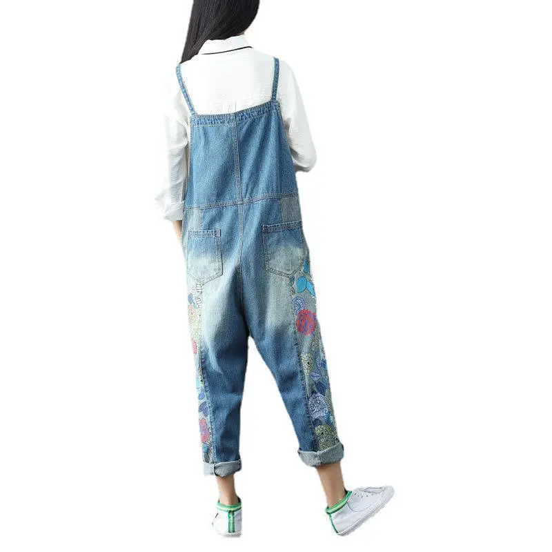 Overalls Women Suspenders Sling Jumpsuits Denim One Piece Wide Leg Long Pants High Waist Rompers Y2k Streetwear Print Floral