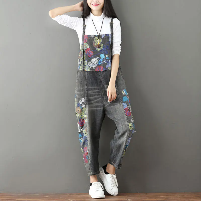 Overalls Women Suspenders Sling Jumpsuits Denim One Piece Wide Leg Long Pants High Waist Rompers Y2k Streetwear Print Floral