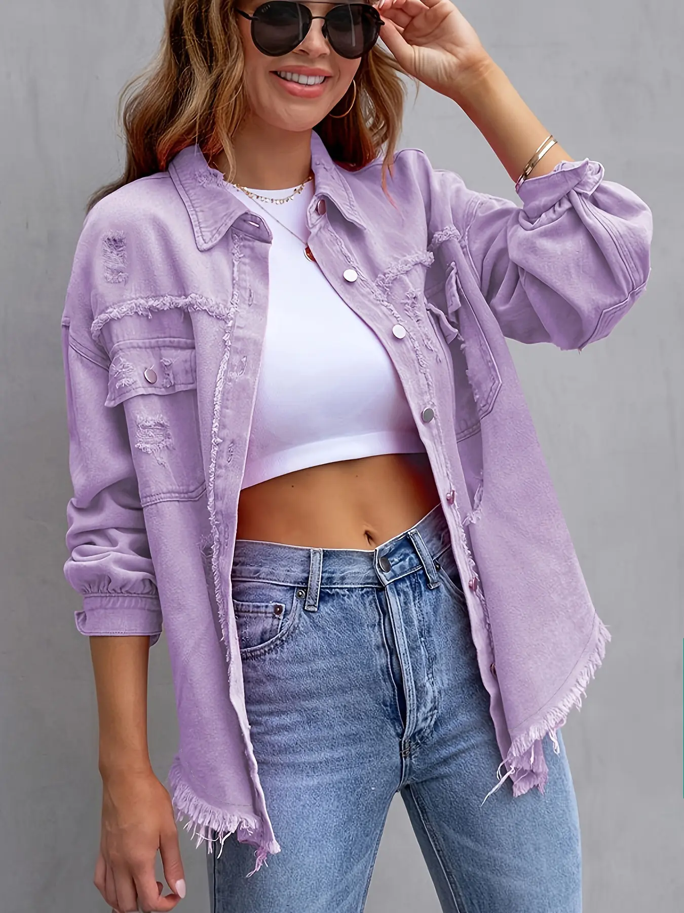 Women Denim Coat Turn Down Collar Long Sleeve Holes Jackets Single Breasted Button Cardigan Outerwear Pockets Solid Spring