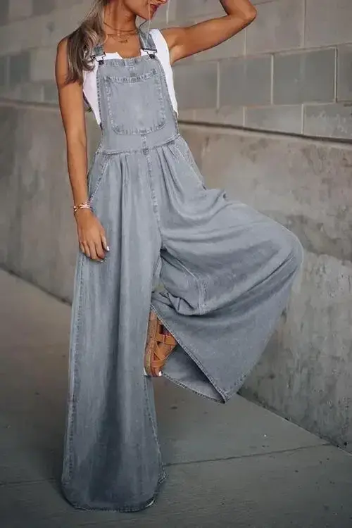Pocket Design Wide Leg Suspender Denim Jumpsuit for Women Overall Cowboy BibSquare Neck Daily Regular Fit Sleeveless Summer Fall