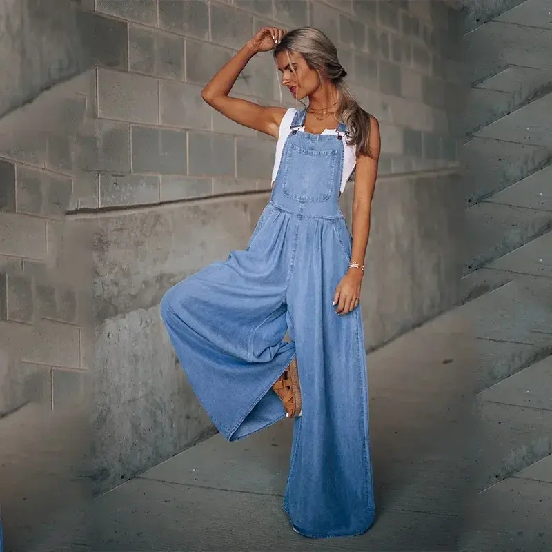 Pocket Design Wide Leg Suspender Denim Jumpsuit for Women Overall Cowboy BibSquare Neck Daily Regular Fit Sleeveless Summer Fall