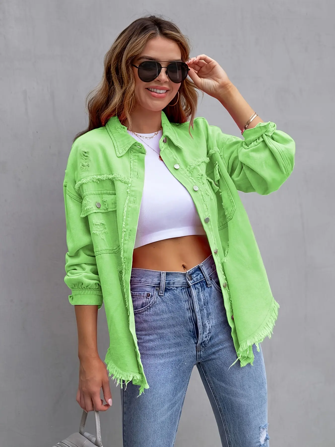 Women Denim Coat Turn Down Collar Long Sleeve Holes Jackets Single Breasted Button Cardigan Outerwear Pockets Solid Spring