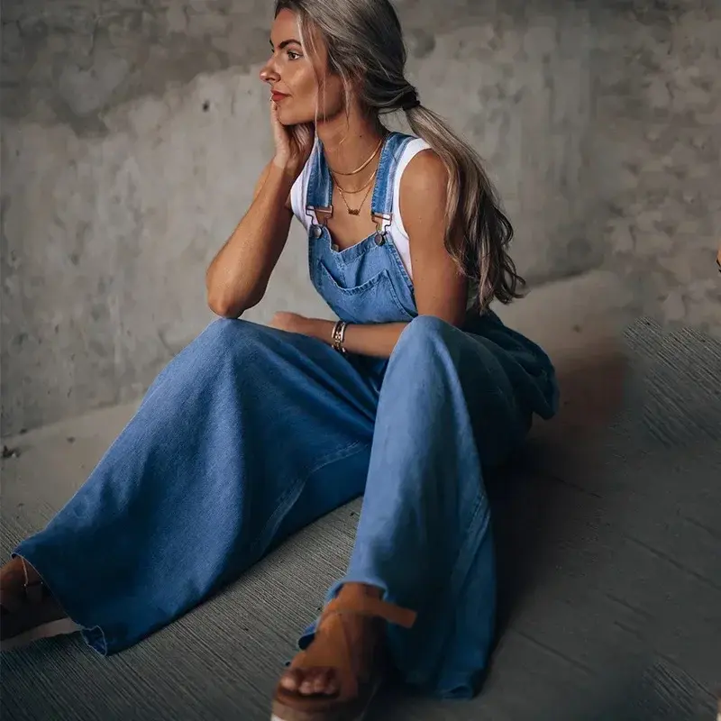 Pocket Design Wide Leg Suspender Denim Jumpsuit for Women Overall Cowboy BibSquare Neck Daily Regular Fit Sleeveless Summer Fall