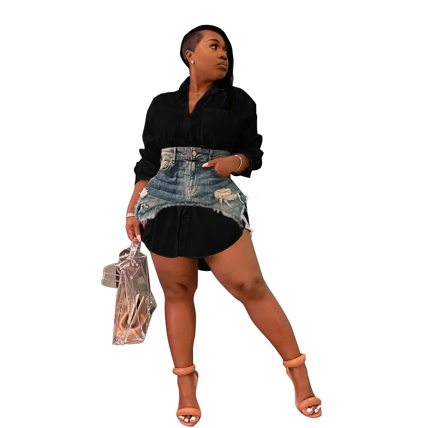 Denim Two Piece Sets Women Shirt Skirt Suit Hole Single Breasted Turn Down Collar Pocket Mom Jeans Outfit 2025 Skirts Club Party