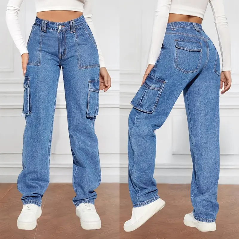 Denim Pant Women Mom Jeans Long Pants Mid Waist Straight Trousers Y2k Streetwear Elegant Splice Slim Fit Work Pocket Casual