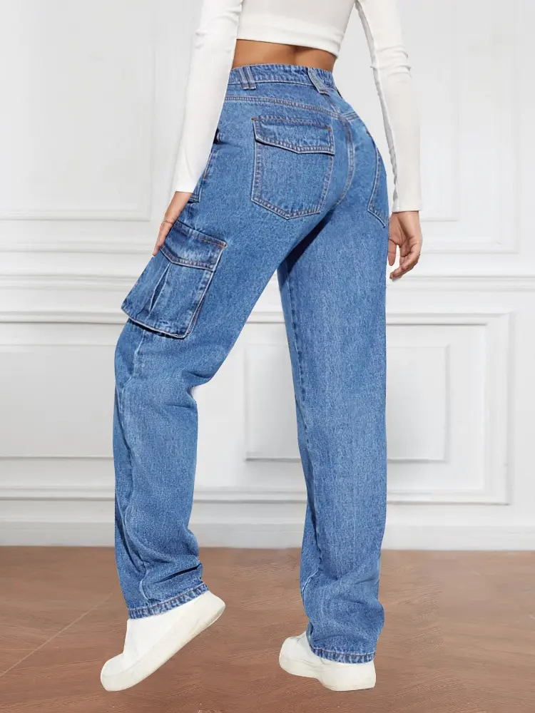 Denim Pant Women Mom Jeans Long Pants Mid Waist Straight Trousers Y2k Streetwear Elegant Splice Slim Fit Work Pocket Casual