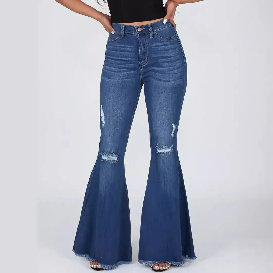 Flare Pants Ripped Jeans for Women Streetwear Mid Waist Stretch Washed Distressed Casual Denim Trousers Hole Boot Cut Mom 2025