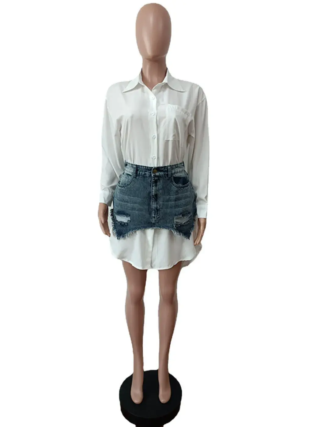 Denim Two Piece Sets Women Shirt Skirt Suit Hole Single Breasted Turn Down Collar Pocket Mom Jeans Outfit 2025 Skirts Club Party