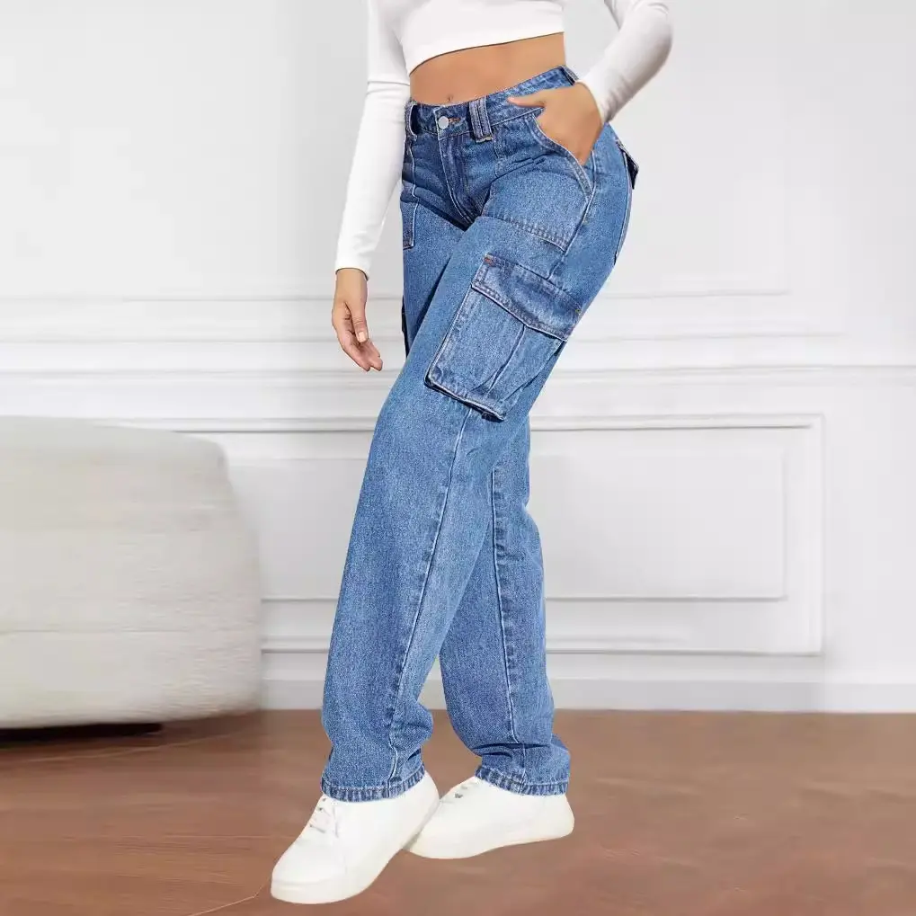 Denim Pant Women Mom Jeans Long Pants Mid Waist Straight Trousers Y2k Streetwear Elegant Splice Slim Fit Work Pocket Casual