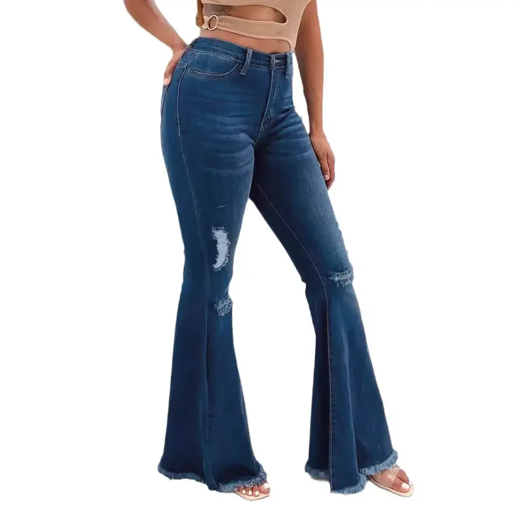 Flare Pants Ripped Jeans for Women Streetwear Mid Waist Stretch Washed Distressed Casual Denim Trousers Hole Boot Cut Mom 2025