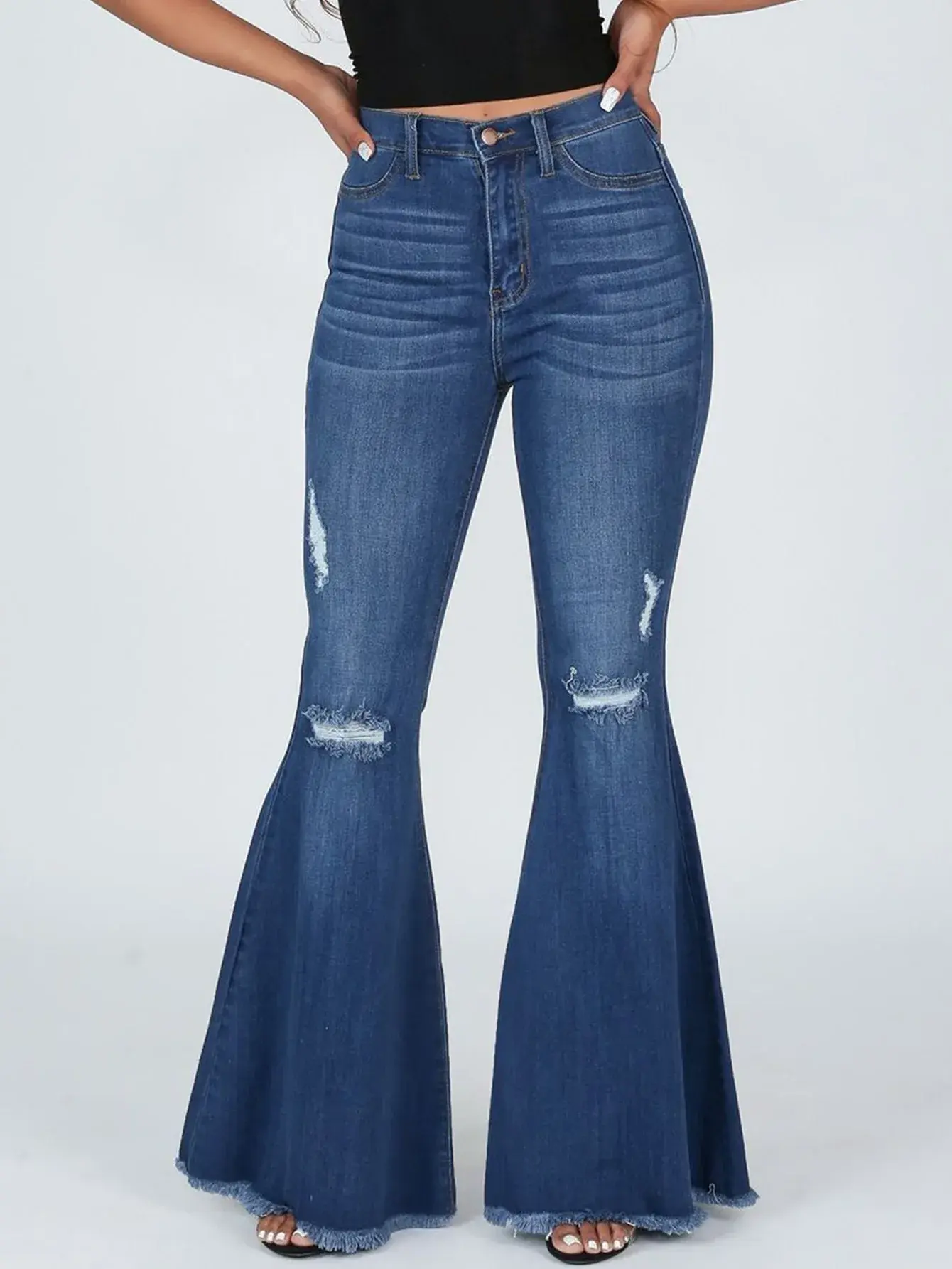 Flare Pants Ripped Jeans for Women Streetwear Mid Waist Stretch Washed Distressed Casual Denim Trousers Hole Boot Cut Mom 2025
