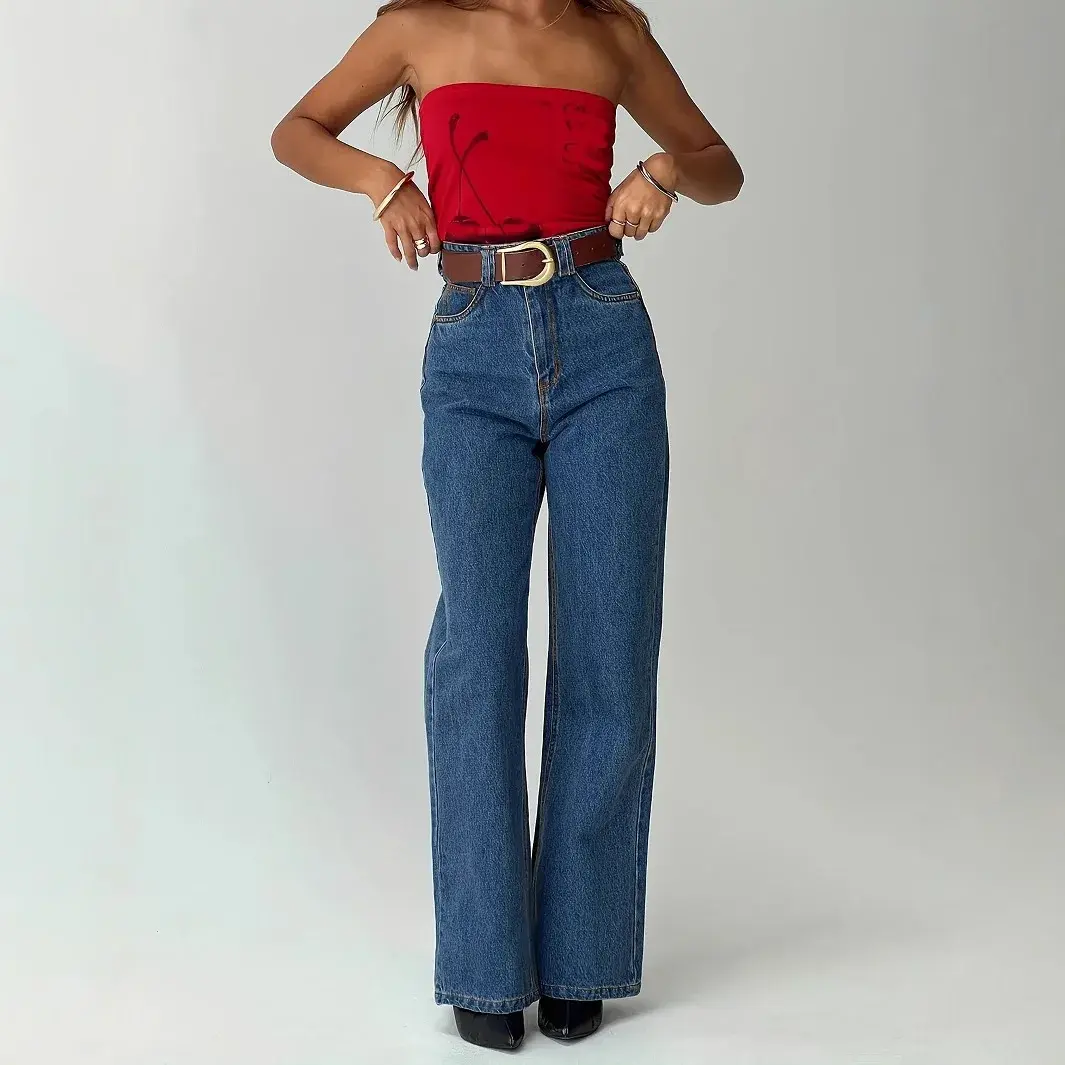 Jeans Women Vintage Straight Pants High Waist Washed Distressed Button Pockets 2025 Streetwear Mom Y2k Basis Denims Trousers