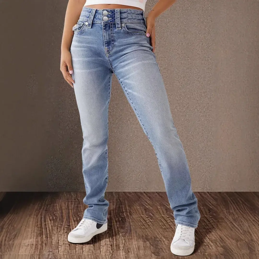 Jeans Denim Pant Women Long Pants Bodycon Button Pocket Splice Straight Trousers Solid Y2k Blue Mom Mid Waist Slim Streetwear