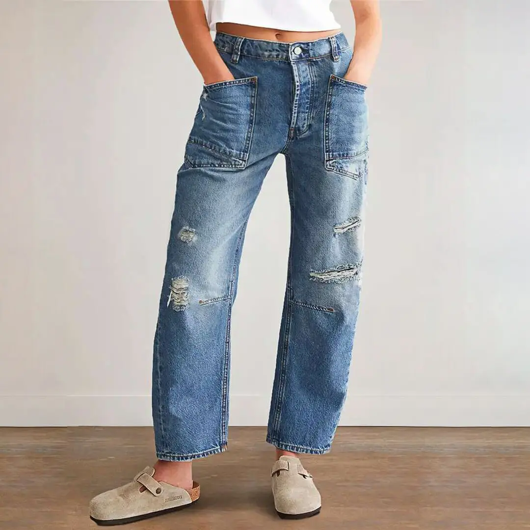 Denim Pant Women Jeans Long Pants Slim Club High Waist Straight Trousers Y2k Streetwear Elegant Causal Splice Work Hole 2025