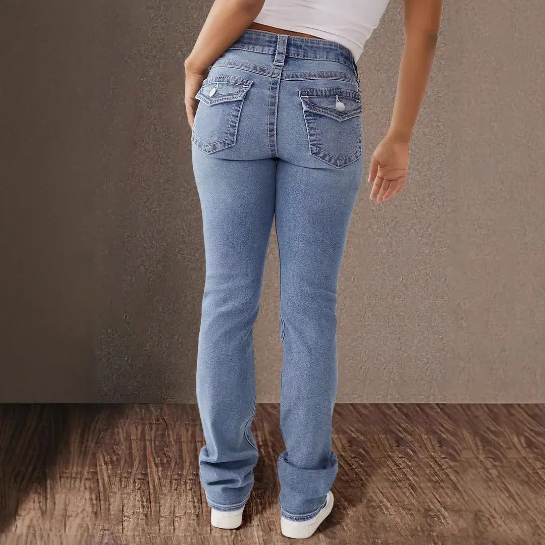 Jeans Denim Pant Women Long Pants Bodycon Button Pocket Splice Straight Trousers Solid Y2k Blue Mom Mid Waist Slim Streetwear