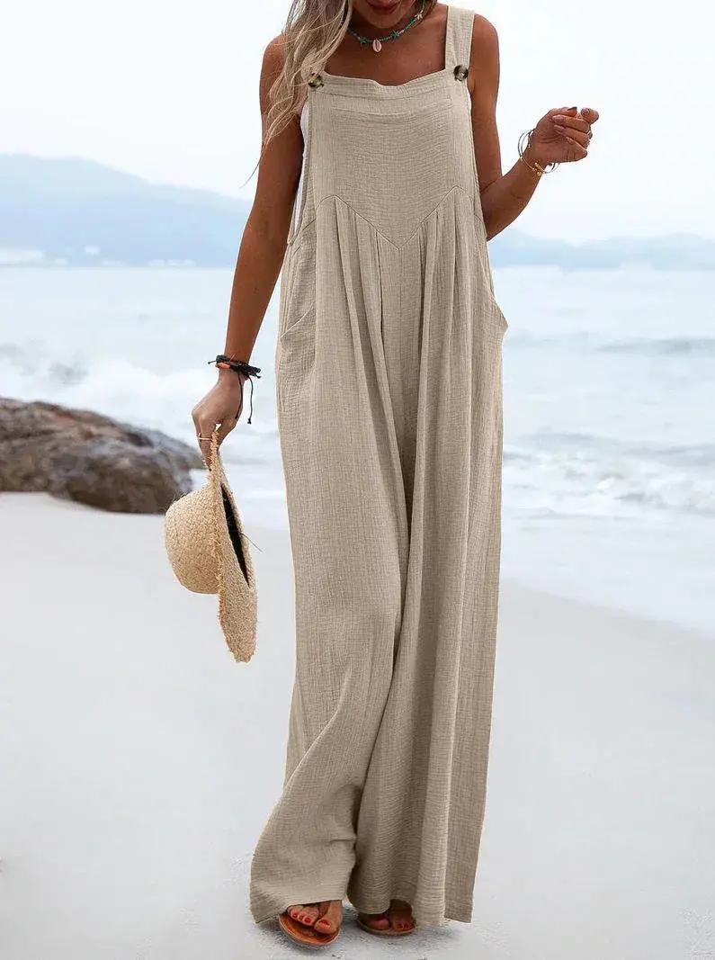 Women One Piece Summer Pocket Sling Jumpsuit Wide Leg Long Pants V Neck Overalls Pullover Rompers Loose Casual Y2k Streetwear