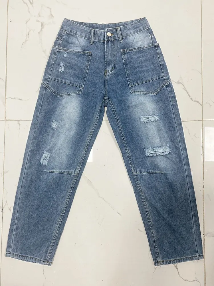 Denim Pant Women Jeans Long Pants Slim Club High Waist Straight Trousers Y2k Streetwear Elegant Causal Splice Work Hole 2025