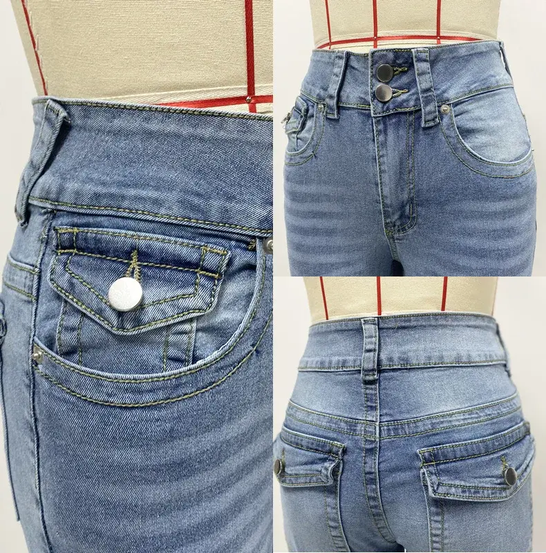 Jeans Denim Pant Women Long Pants Bodycon Button Pocket Splice Straight Trousers Solid Y2k Blue Mom Mid Waist Slim Streetwear
