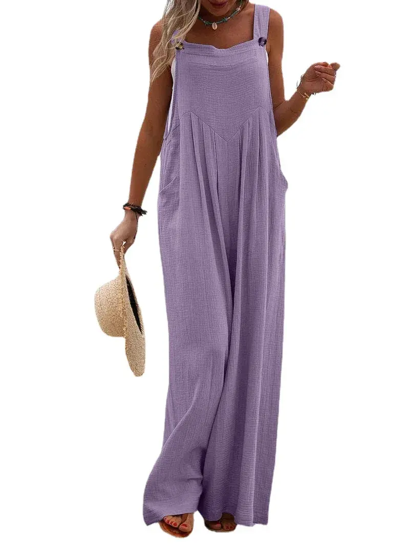Women One Piece Summer Pocket Sling Jumpsuit Wide Leg Long Pants V Neck Overalls Pullover Rompers Loose Casual Y2k Streetwear