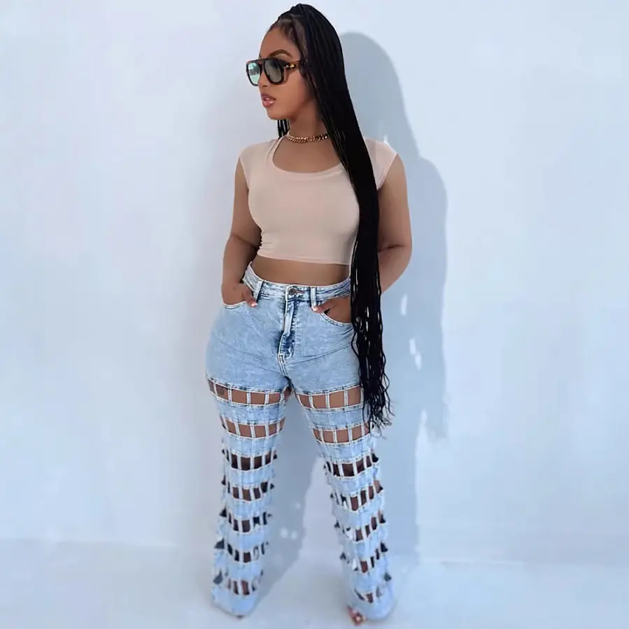 Denim Pant Women Jeans Long Pants Hollow Out High Waist Straight Mom Trousers Y2k Streetwear Elegant Splice Hole Casual Work