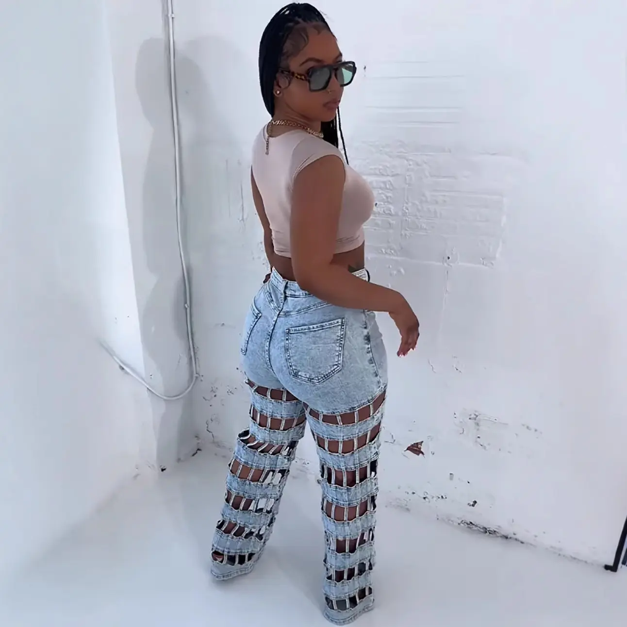 Denim Pant Women Jeans Long Pants Hollow Out High Waist Straight Mom Trousers Y2k Streetwear Elegant Splice Hole Casual Work